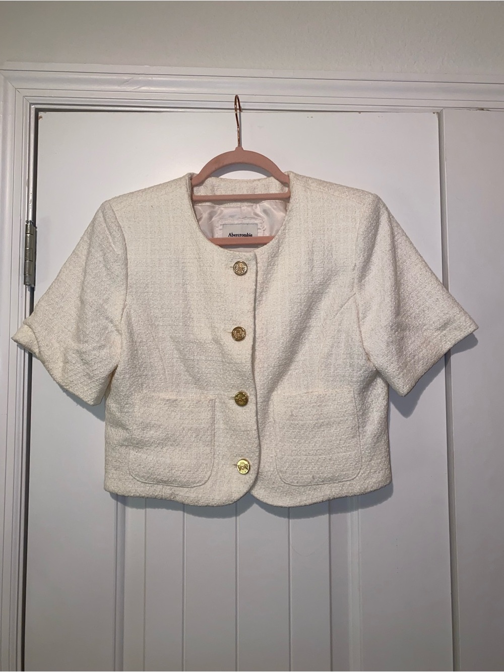 Abercrombie & Fitch Cream Bouclé Short-Sleeve Jacket with Gold Buttons